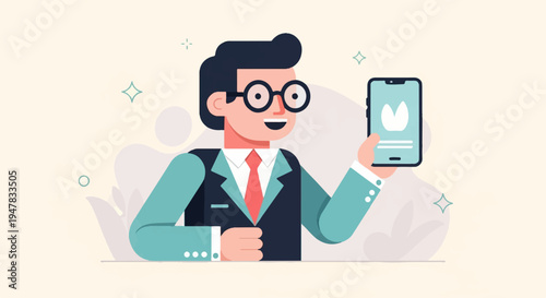 Professional man in a suit and tie holding up a smartphone displaying an icon