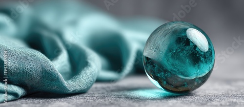 Wallpaper Mural A single, clear glass marble filled with turquoise liquid sits on a textured gray surface next to flowing teal fabric. Torontodigital.ca