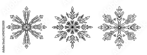 Snowflake set with fractal geometric patterns featuring high-detail crystal structure, fine line art with winter and festive elements