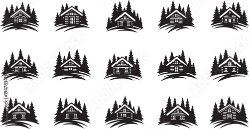 Black and white house forest icons set pattern