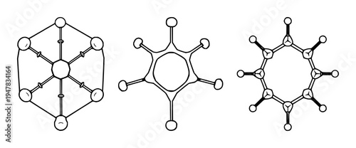 Molecular structure set with a 3D hexagonal pattern featuring scientific concepts, geometric shapes, and a plant-based theme with modern polygonal style and fine line art details