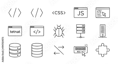 Collection of technology and coding icons including computer hardware, programming symbols, and network elements