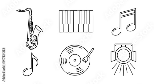 Line art icons featuring musical instruments, audio equipment, and performance elements, including saxophone, piano, record player, notes, and spotlight