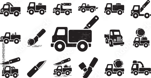 Black and white construction vehicle icons on white background