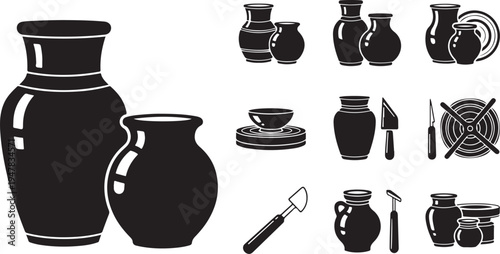 Black and white pottery illustration set with various objects