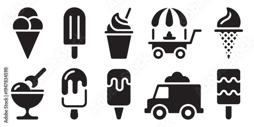 Set of ice cream icons isolated on white background, solid fill style, vector art design