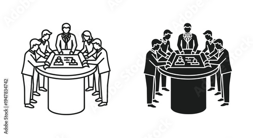 A depiction of business team members gathered around a table for a meeting