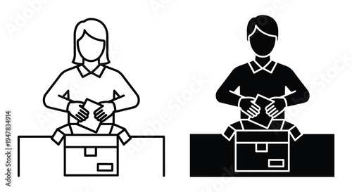 Binary outline drawing of people packing or unpacking boxes at table