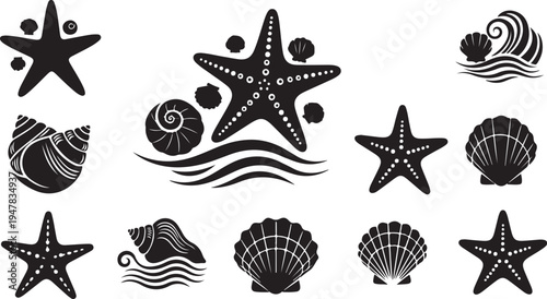 Black and white sea shell and starfish icons set