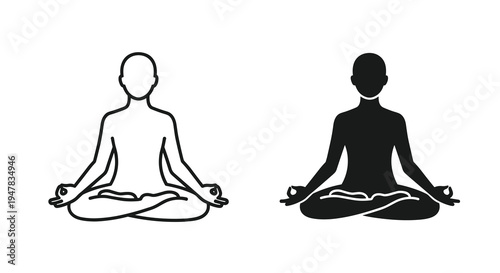 Outline and solid silhouettes showing a person in a meditation lotus position