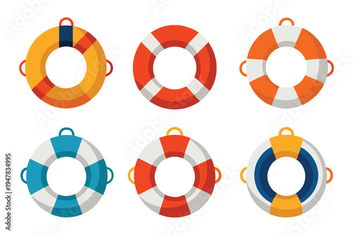 Colorful life rings collection for lifeguard and boat safety equipment vector illustration.