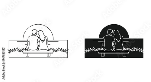 Minimalist illustration of couple sitting on bench watching sunset, two versions