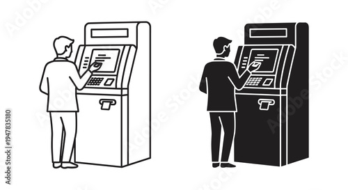 Stylized Illustration of a Man Using an Automated Teller Machine in Two Versions