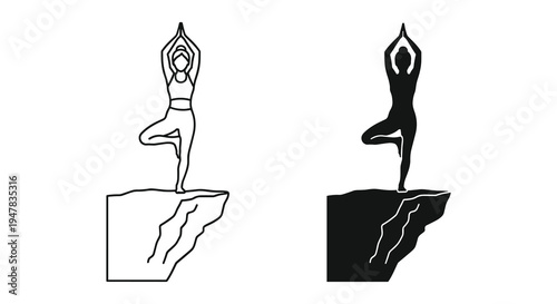Woman in tree pose yoga on the edge of a cliff illustration
