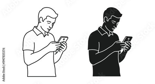 Minimalist line art illustration of a man using a mobile phone device