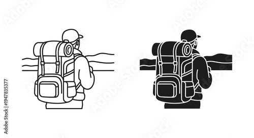 Monochromatic Silhouette Illustrations of a Hiker with Backpack Looking Out at Nature