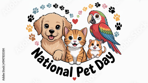 National pet day logo with dog cat kitten and parrot in heart shape with paw prints