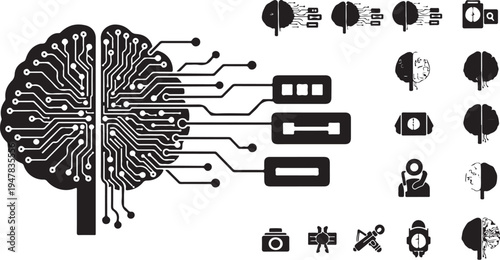Circuit board brain with digital icons and technology symbols
