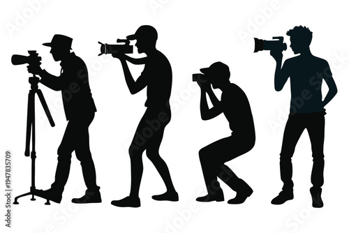 Professional photographer and videographer silhouette set. Media production and cameraman collection vector.