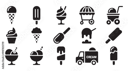 Diverse ice cream icons: cones, popsicles, sundaes, ice cream cart, and freezer truck