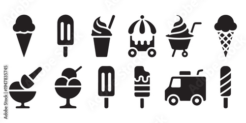 Collection of assorted ice cream icons for summer, including cones, popsicles, sundaes and carts