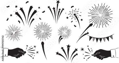 Fireworks and hands shaking in celebration together