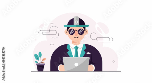 Professional man in suit and hat with laptop and plant
