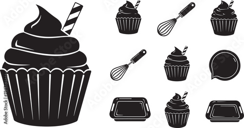 Black and white cupcake icons and baking tools