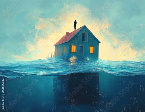 Solitary silhouette stands on the roof of a partially submerged house with warm glowing windows amid vast ocean waves, surreal and melancholic yet quietly hopeful