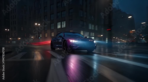 Sleek dark car speeding on a wet city street at night, headlights cutting through gloom