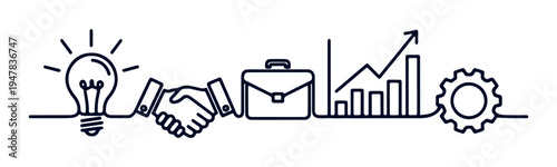 Business concept sequence with light bulb handshake briefcase growth chart and gear in continuous line art style