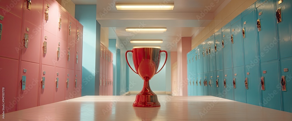 custom made wallpaper toronto digitalA gleaming red trophy stands prominently in the center of a school hallway, flanked by rows of pink and teal lockers.