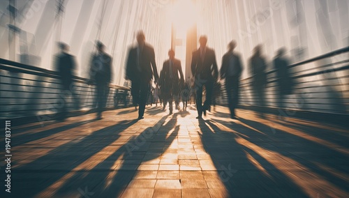 Silhouetted group of business people walking towards camera on a bridge at sunset.