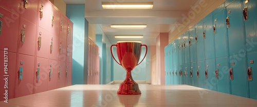 Wallpaper Mural A gleaming red trophy stands prominently in the center of a school hallway, flanked by rows of pink and teal lockers. Torontodigital.ca