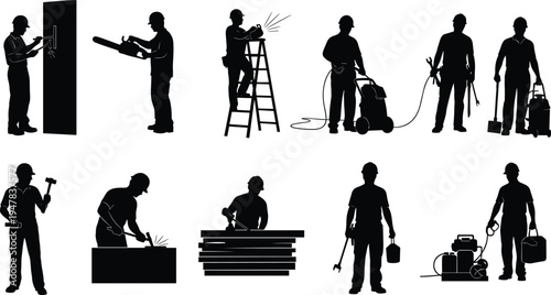 Construction and maintenance worker silhouettes using tools equipment and machinery for industrial repair building service illustration set