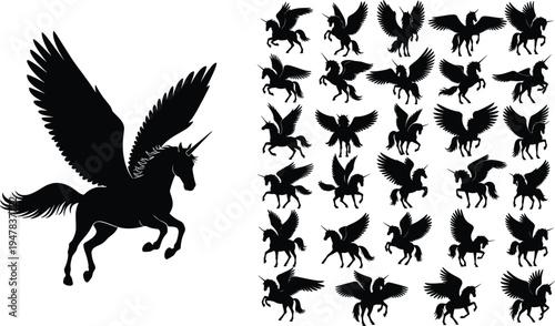 Flying unicorn pegasus silhouettes, mythical winged horses in various poses, fantasy creature icons, isolated black vector illustrations on white background.