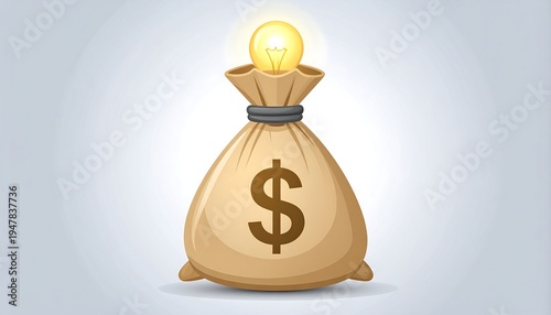 Cartoon illustration featuring a brown money bag with a dollar sign. A glowing lightbulb emerges