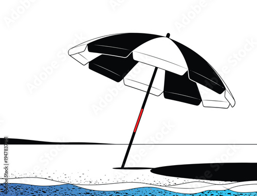 Beach Umbrella on Sandy Shore with Ocean Waves Illustration