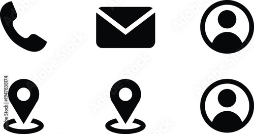 Set of 6 Black Contact Information Icons Vector for Communication, Location, and User Profile on Websites and Apps