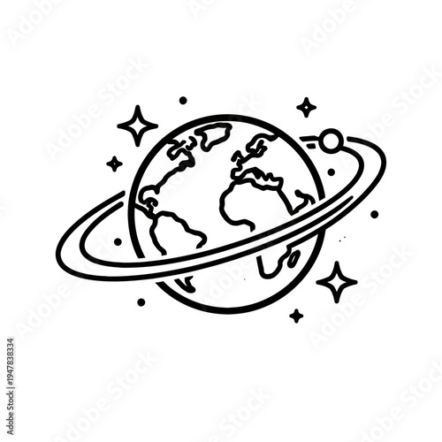Stylized global planet icon featuring Earth with an orbital ring and sparkling stars, conceptualizing universal connection, space exploration, and a futuristic world illustration