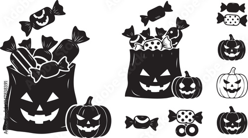 Halloween icons and candies in black and white