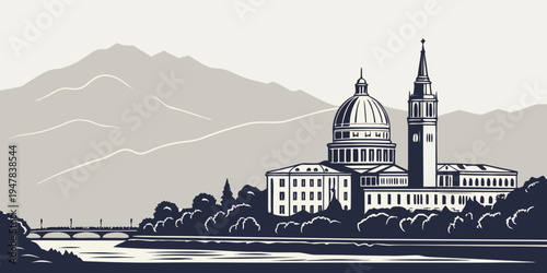 USA, US, U.S, United States - Bend Oregon Skyline with Cascade Mountains – Minimalist Monochrome Silhouette Travel Poster | USA Modern Mountain Art & Scenic Landscape Design