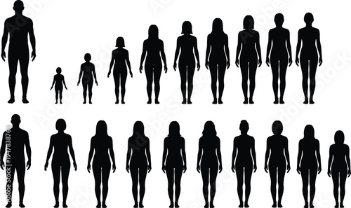 Human body silhouettes showing different male female body shapes sizes and proportions for anatomy design reference illustration set