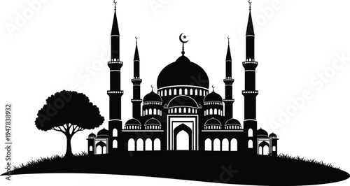 Islamic mosque silhouette with domes and minarets on landscape representing Muslim architecture religion culture worship illustration