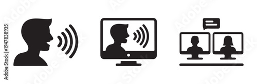 Voice recognition, online speaking, and video conference icons for digital communication and meetings