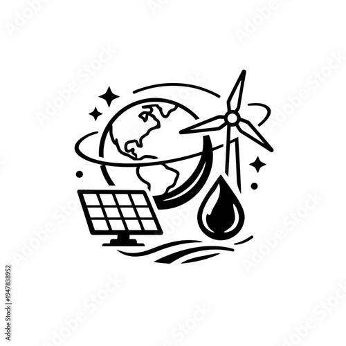 A Conceptual Graphic Icon Depicting Global Sustainable Energy and Environmental Responsibility, Featuring Solar Panels, Wind Turbines, and Earth's Resources