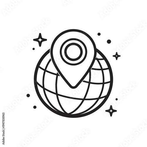 A black and white illustration of a location pin icon on top of a globe, symbolizing worldwide travel or global reach