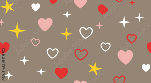Seamless vector illustration of a charming pattern featuring sparkling stars and various heart shapes in vibrant colors on a solid background
