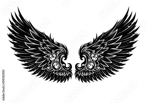 Black ornate feathered wings vector illustration with intricate detailing