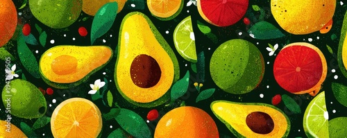 Wallpaper Mural Vibrant Seamless Pattern of Fresh Avocados, Oranges, Limes, and Grapefruits on a Dark Background. Torontodigital.ca